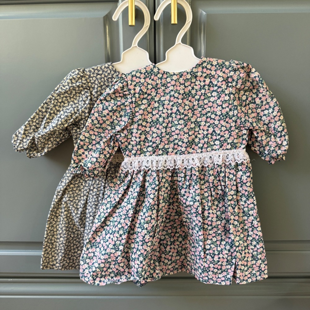 2 Handmade Floral Prairie Dress fits My Twin 23" Doll Green Yellow Lace Trim